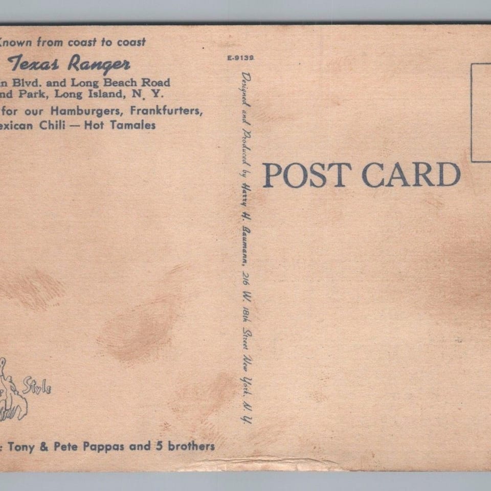 A vintage postcard for The Texas Ranger restaurant, advertising hamburgers, frankfurters, chili, and hot tamales.