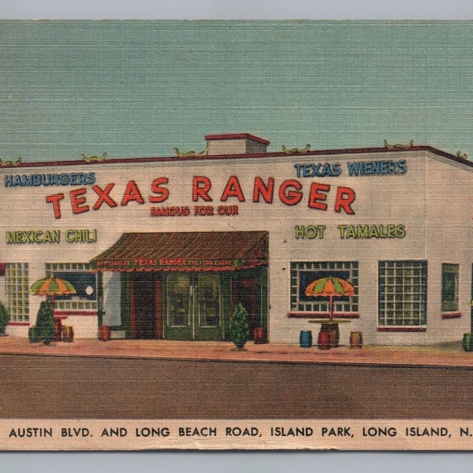 Vintage postcard illustration of The Texas Ranger restaurant, featuring a white building with red and green accents.