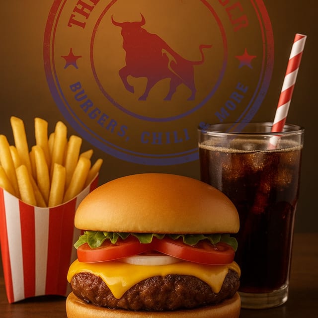 CHEESEBURGER, FRIES, DRINK.