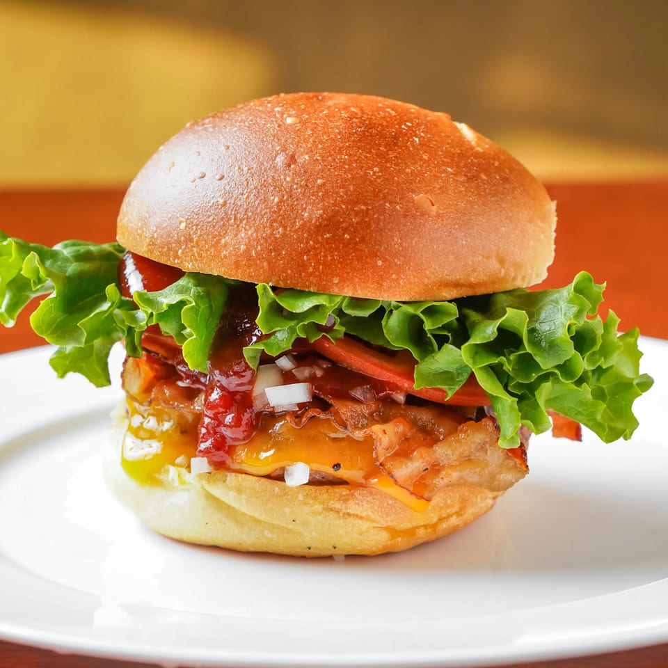 A Texas Ranger burger with melted cheese, bacon, lettuce, onions, and barbecue sauce on a white plate.
