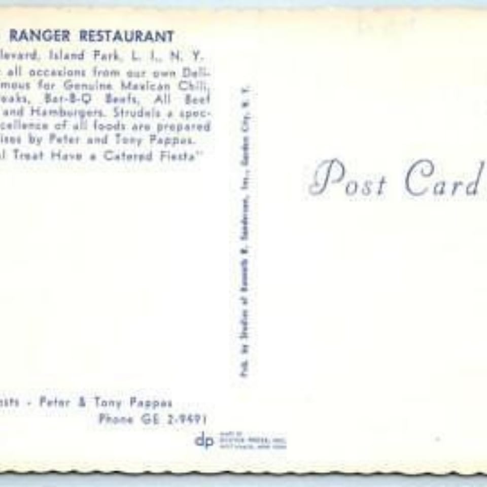 A vintage postcard featuring text about The Texas Ranger Restaurant's menu and catering services.